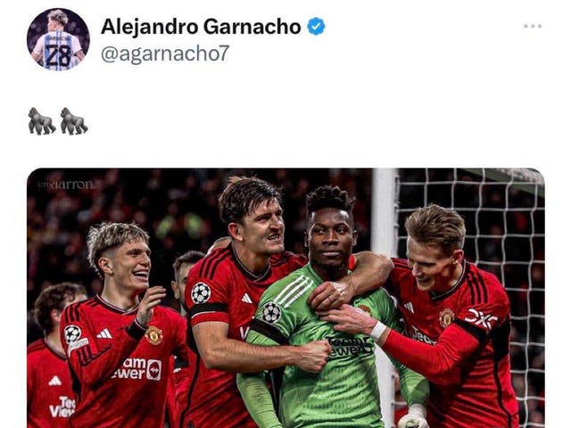 <p>Alejandro Garnacho, left, posted this picture with Andre Onana alongside two gorilla emojis</p>