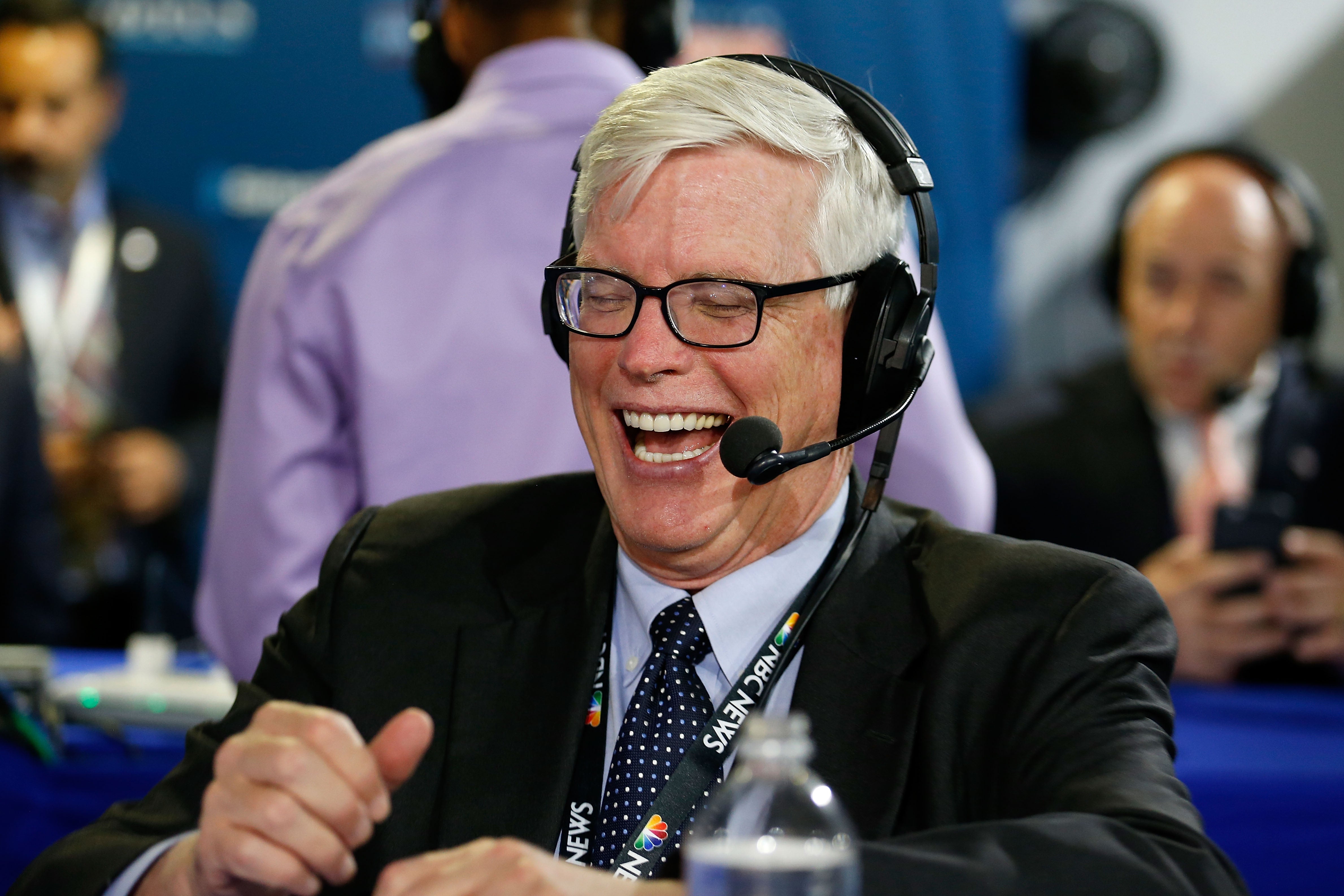 Hugh Hewitt reacts to a comment while siting down to talk about the 2016 presidential race with Jonathan Alter on his show, "Alter Family Politics" at Quicken Loans Arena on July 20, 2016 in Cleveland, Ohio