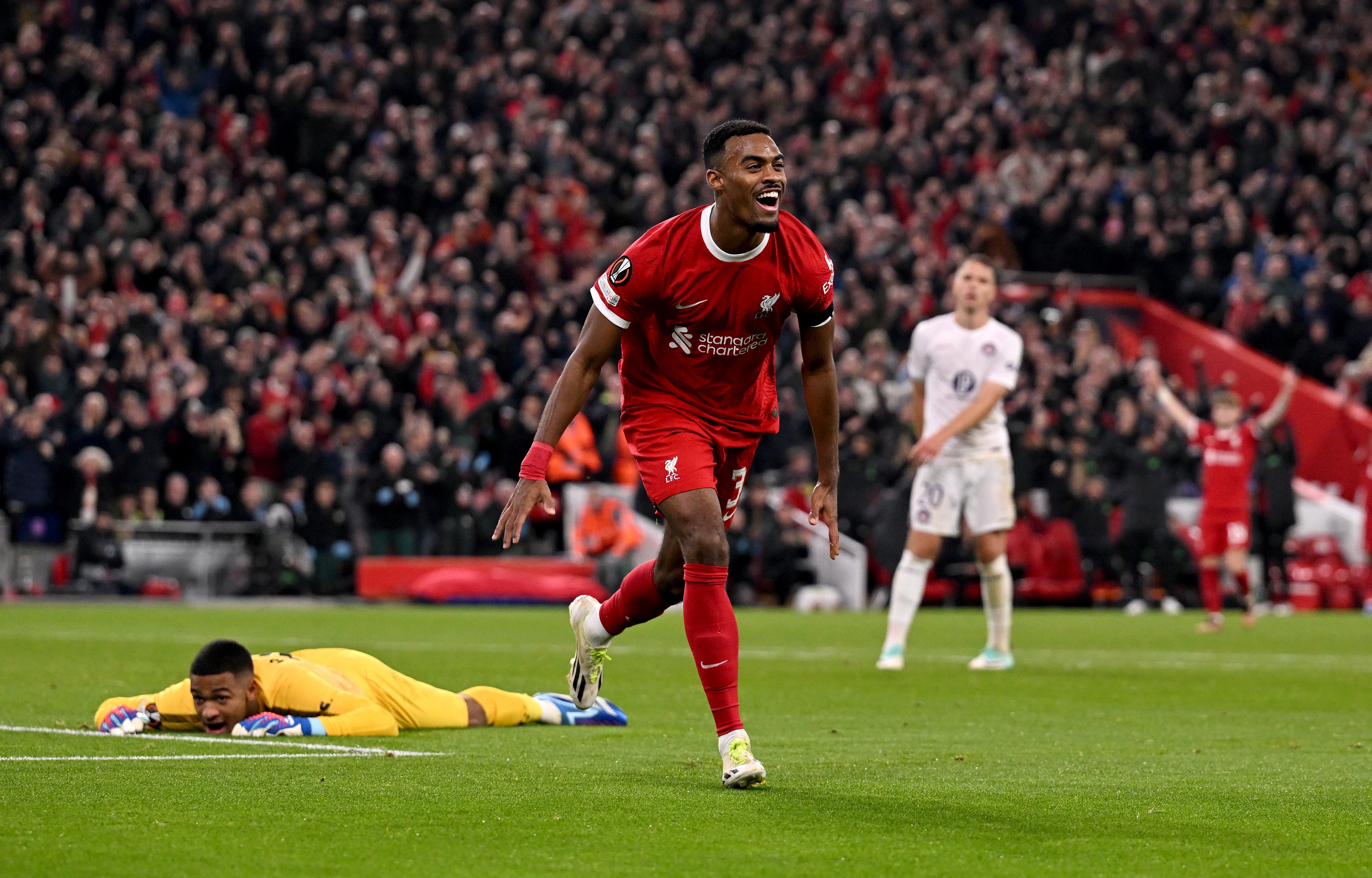 Ryan Gravenberch celebrates after scoring Liverpool’s fourth goal