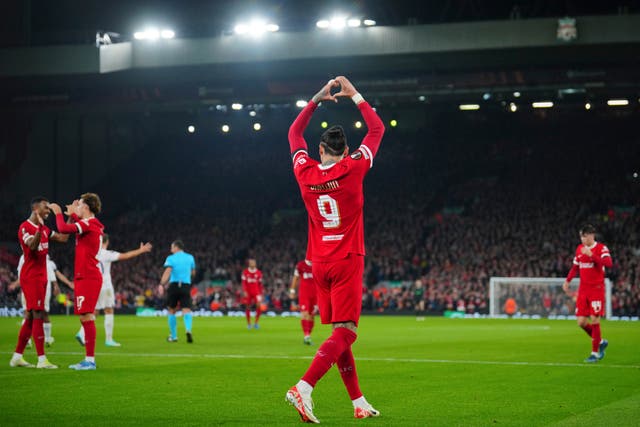 <p>Darwin Nunez celebrates after scoring Liverpool’s third goal</p>