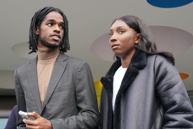 <p>Athletes Bianca Williams and Ricardo Dos Santos speak to the media outside Palestra House</p>