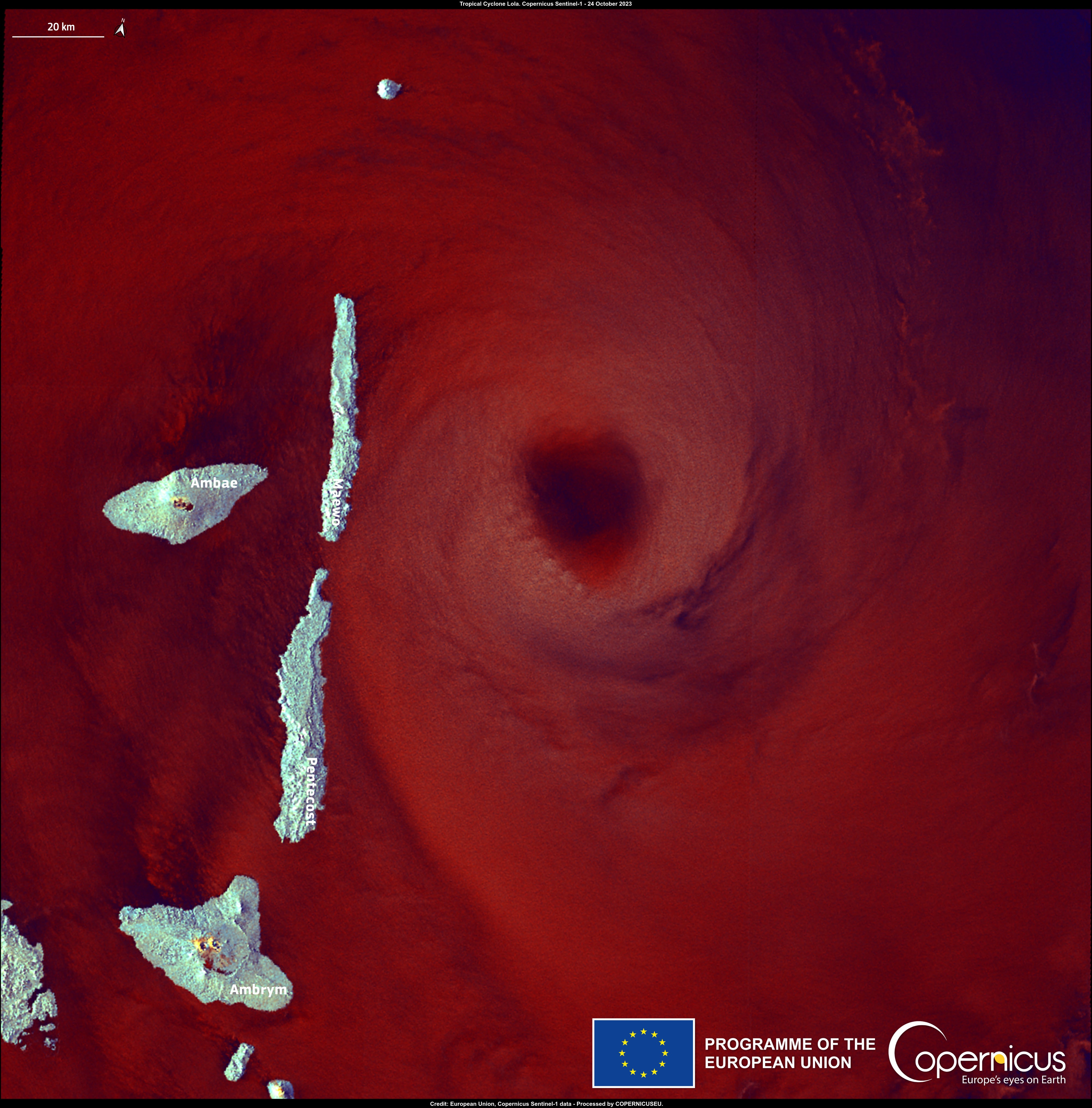Infrared satellite imagery shows Category 5 Cyclone Lola heading towards Vanuatu on Tuesday