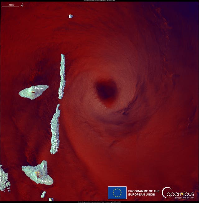 <p>Infrared satellite imagery shows Category 5 Cyclone Lola heading towards Vanuatu on Tuesday</p>