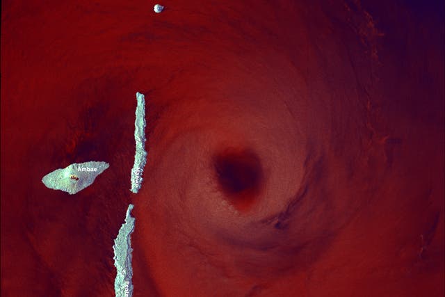 <p>Infrared satellite imagery shows Category 5 Cyclone Lola heading towards Vanuatu on Tuesday</p>