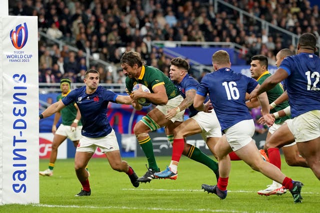 Eben Etzebeth powers towards the line for a crucial second-half try in South Africa’s thrilling 29-28 quarter-final win over hosts France (Adam Davy/PA).