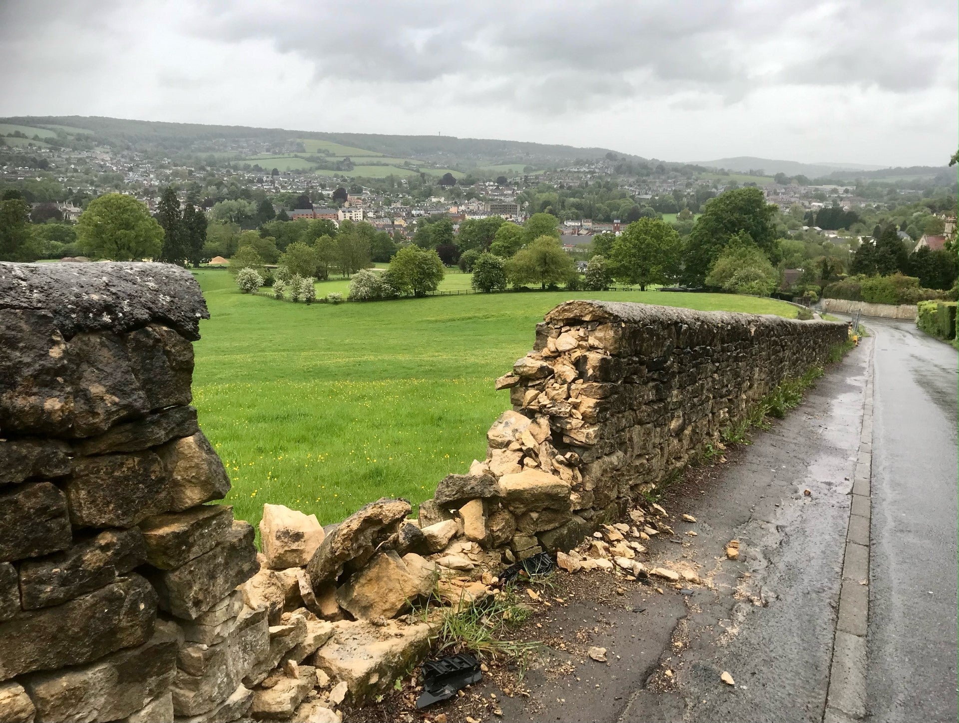 Part of the dry stone wall on New Road in Selsley, Stroud, collapsed in 2021