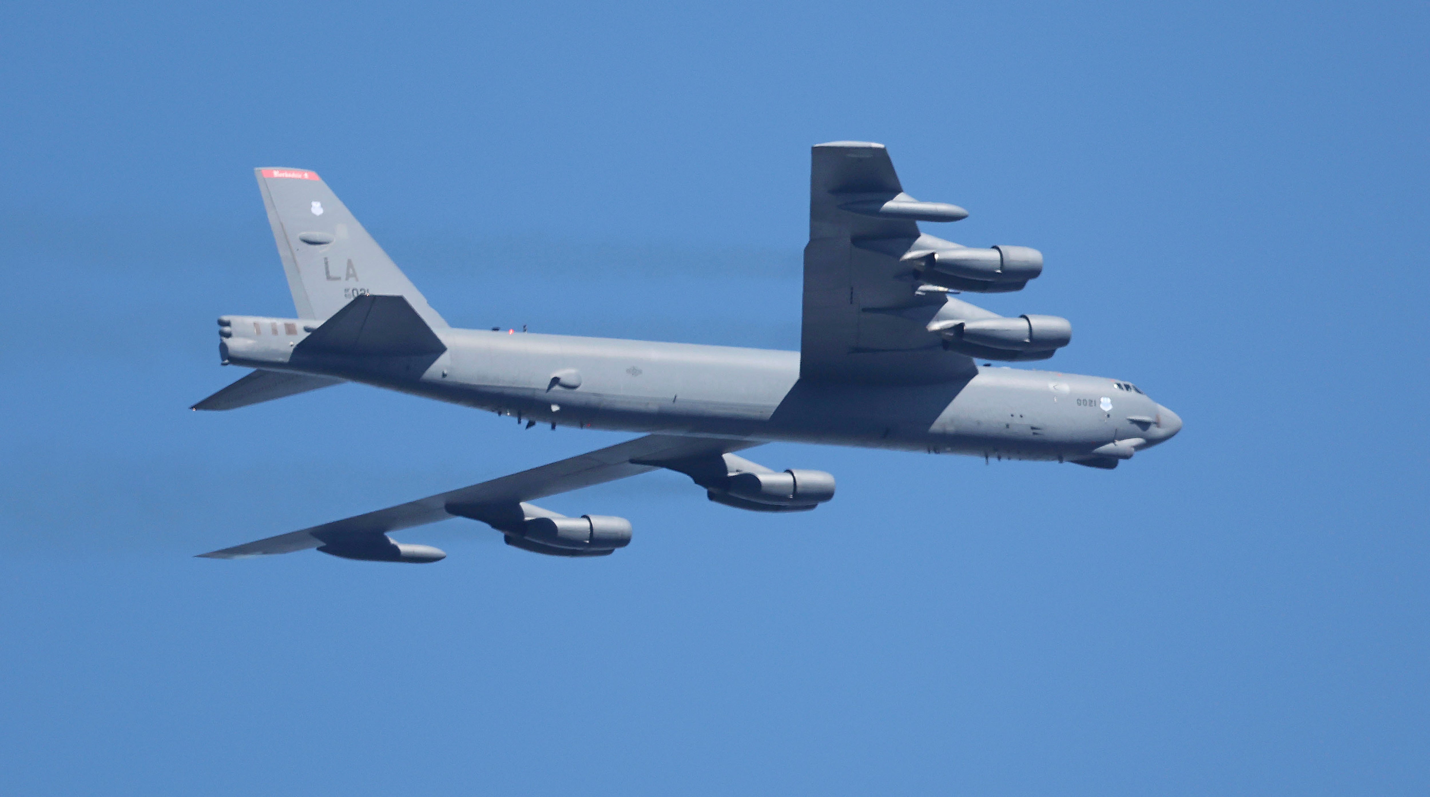 File: A US Air Force B-52 bomber flies during the Seoul International Aerospace and Defense Exhibition 2023