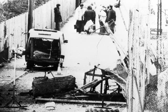 The scene following an IRA attack on Loughgall RUC station, County Armagh, in May 1987 (Archive/PA)