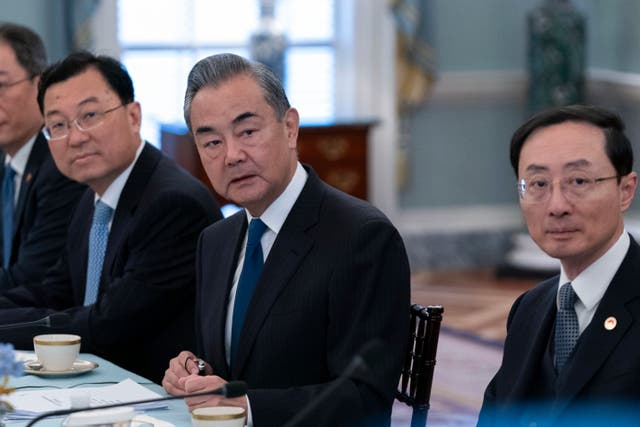 <p>Chinese Foreign Minister Wang Yi, center, during a bilateral meeting with Secretary of State Antony Blinken at the State Department in Washington, Friday, Oct. 27, 2023</p>