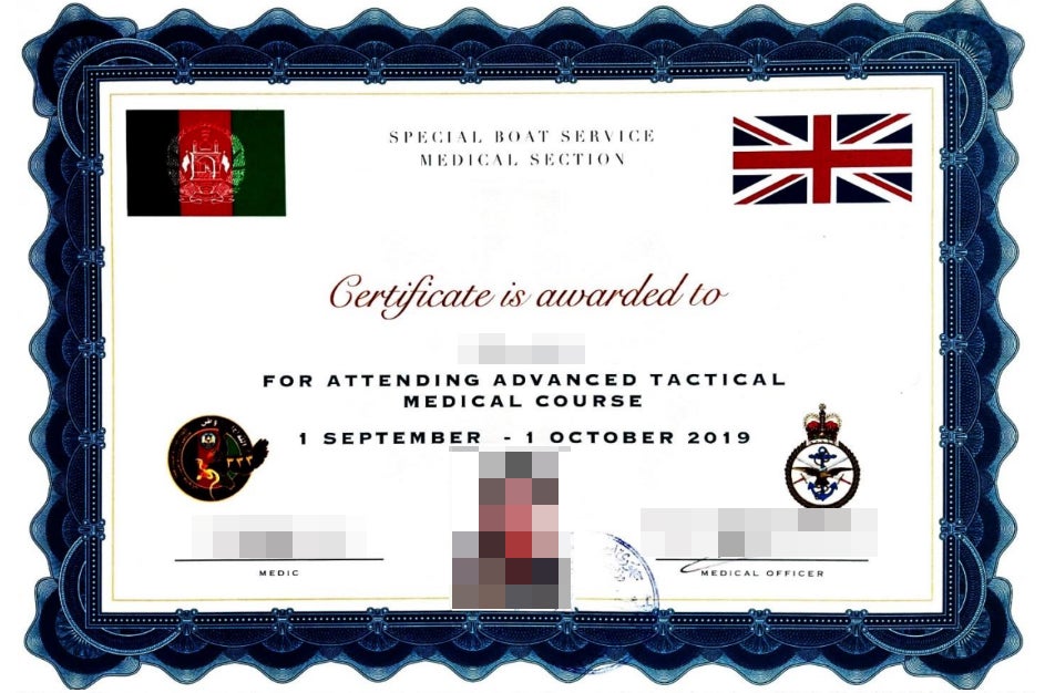 Training certificates bear both British and Afghan flags and the insignias of both defence ministries