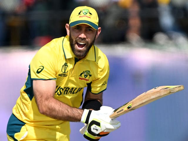 <p>Australia's Glenn Maxwell reacts after playing a shot</p>