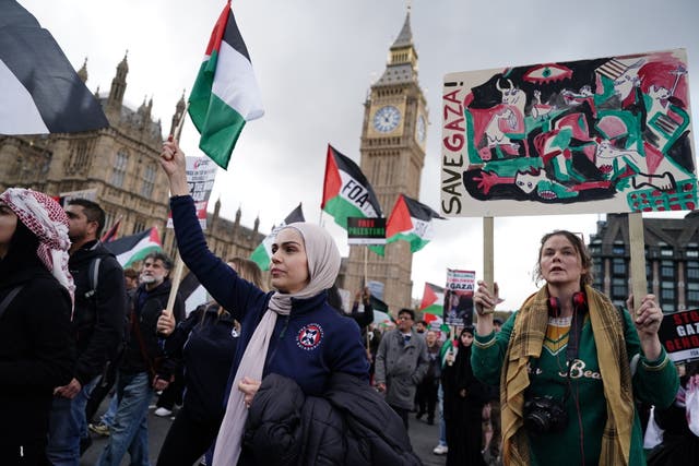 <p>Protesters during a pro-Palestine march in central London last Saturday – the third in as many weeks</p>