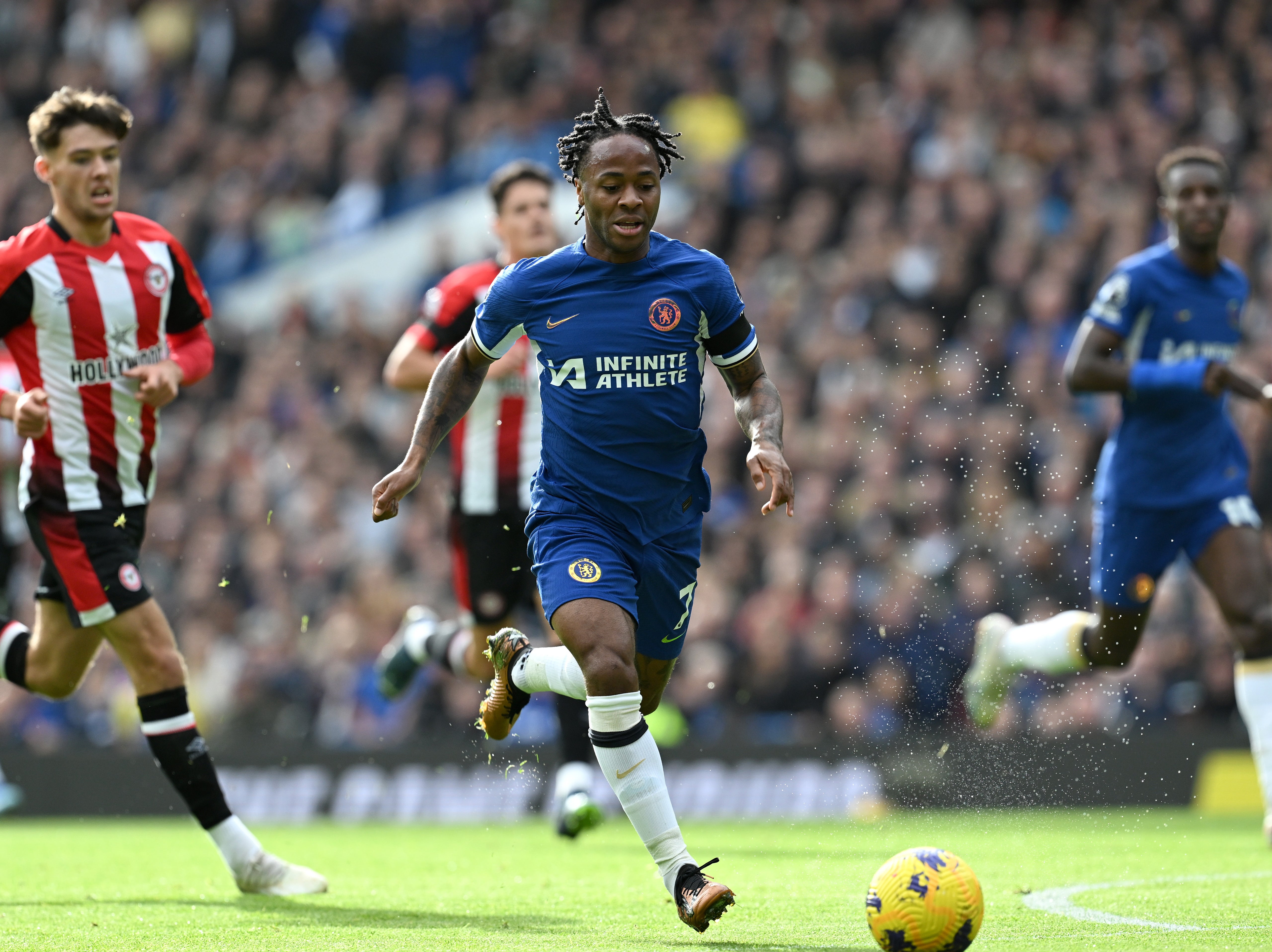 Raheem Sterling on the ball for Chelsea in the first half