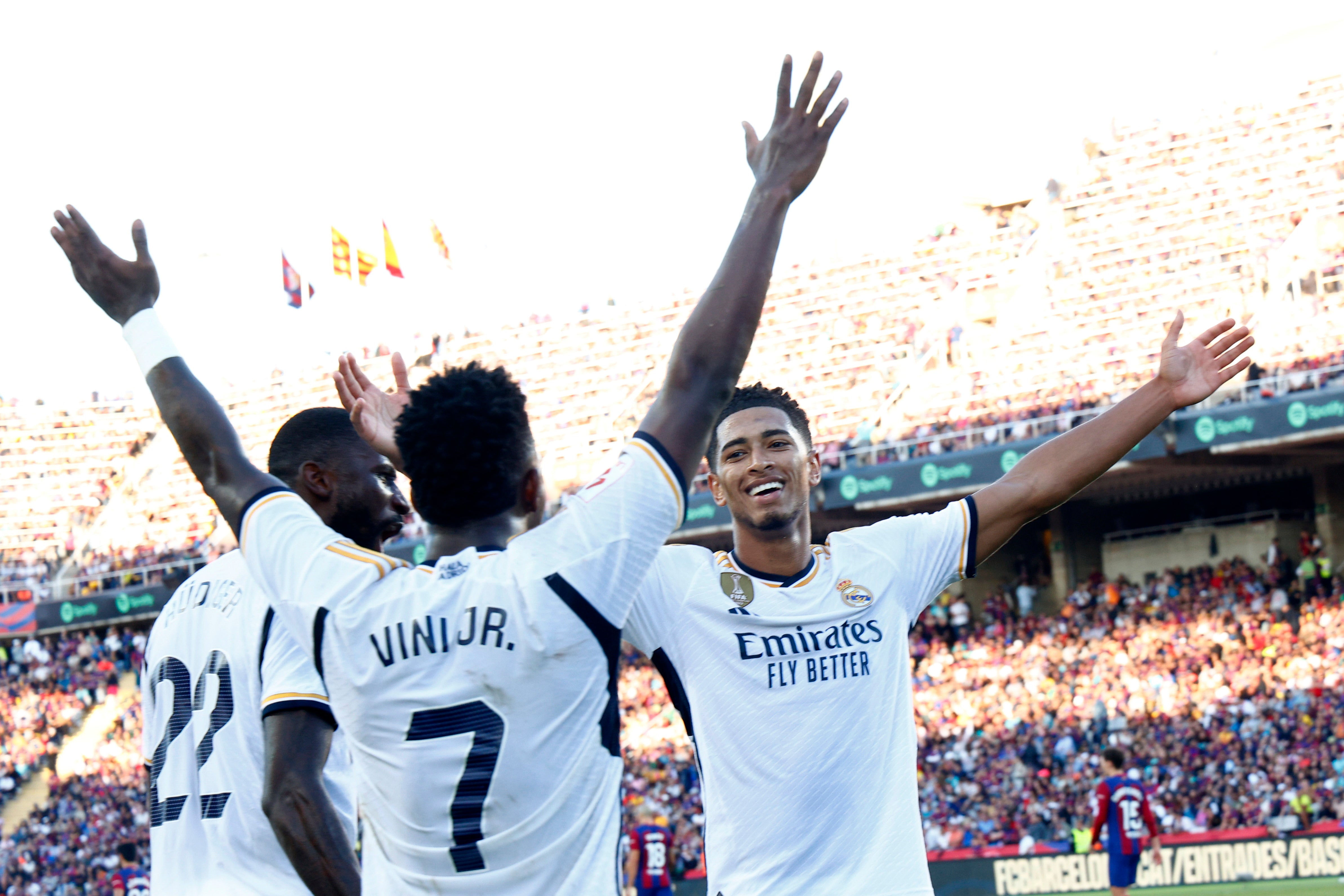 Jude Bellingham celebrates after winning the Clasico for Real Madrid