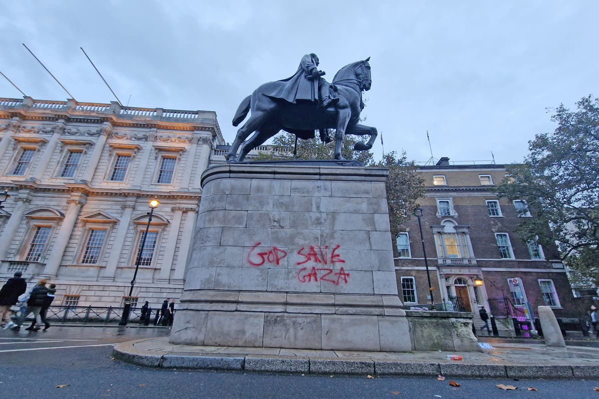 Graffiti daubed on Field Marshal Haig statue in London pro-Palestinian protest