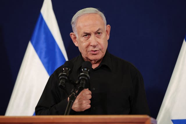 <p>Israeli Prime Minister Benjamin Netanyahu at his Saturday evening news conference</p>