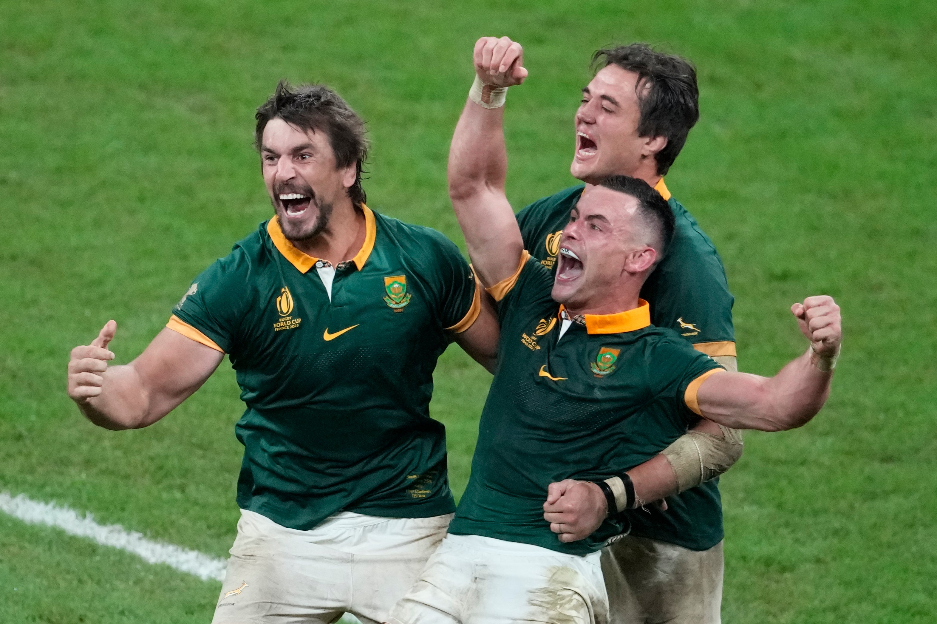 South Africa players celebrate at the end of the Rugby World Cup final