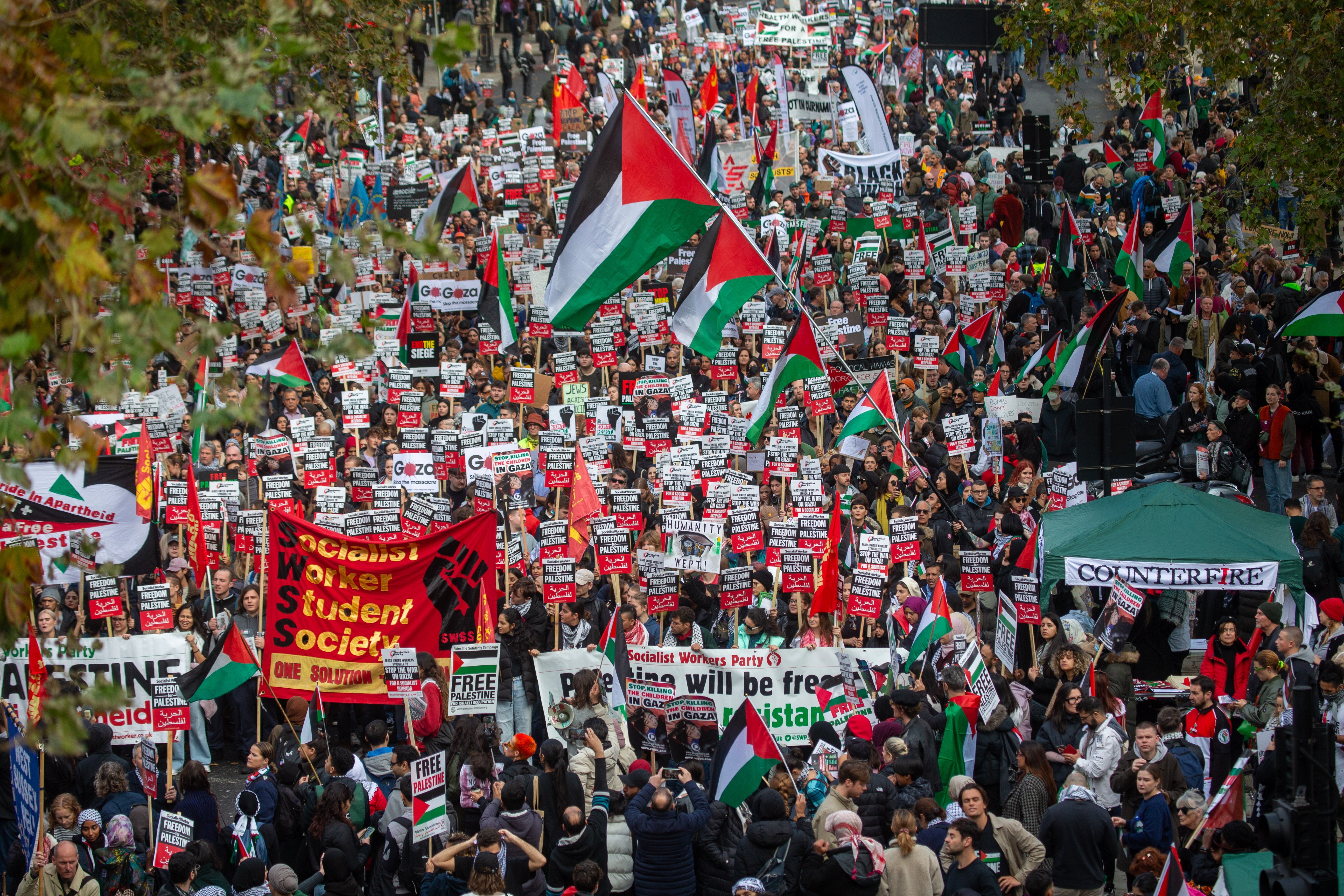 People protest during a national march for Palestine organised by the Palestine Solidarity Campaign in London