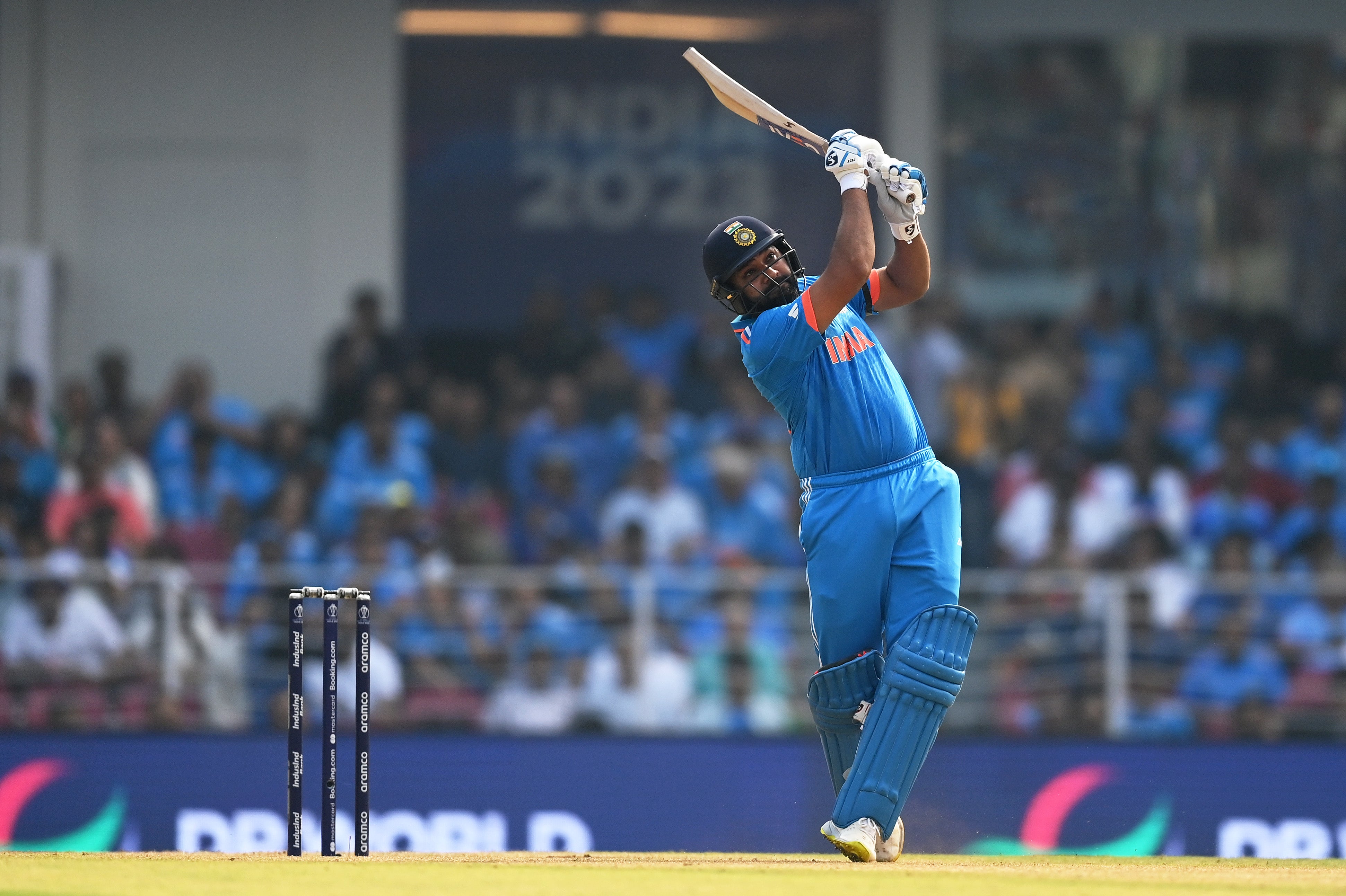 Rohit Sharma of India plays a shot for six during the ICC Men's Cricket World Cup India 2023 between India and England