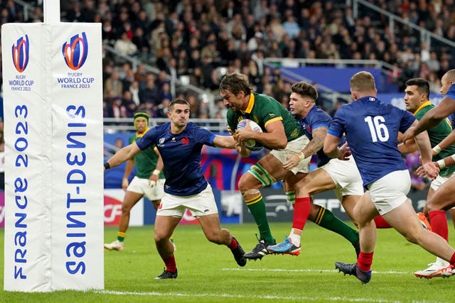Eben Etzebeth powers towards the line for a crucial second-half try in South Africa’s thrilling 29-28 quarter-final win over hosts France (Adam Davy/PA