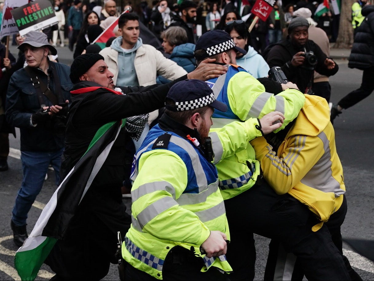Police officers clash with rival supporters in Whitehall on Saturday