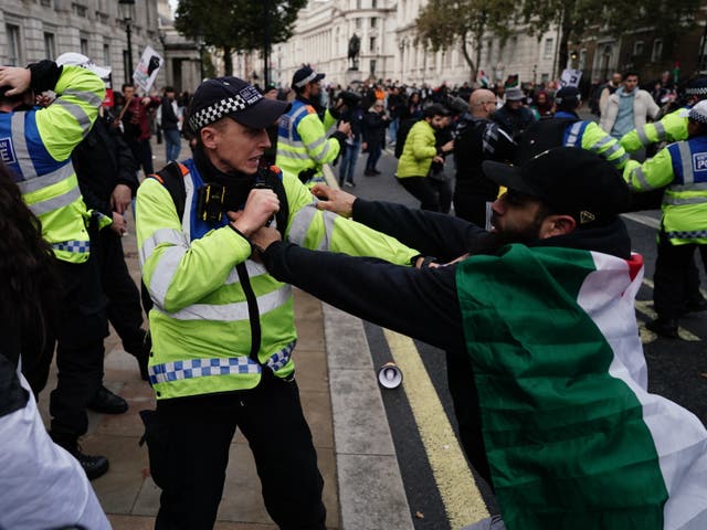 <p>Police Officers clash with rival supporters during a pro-Palestinian march </p>