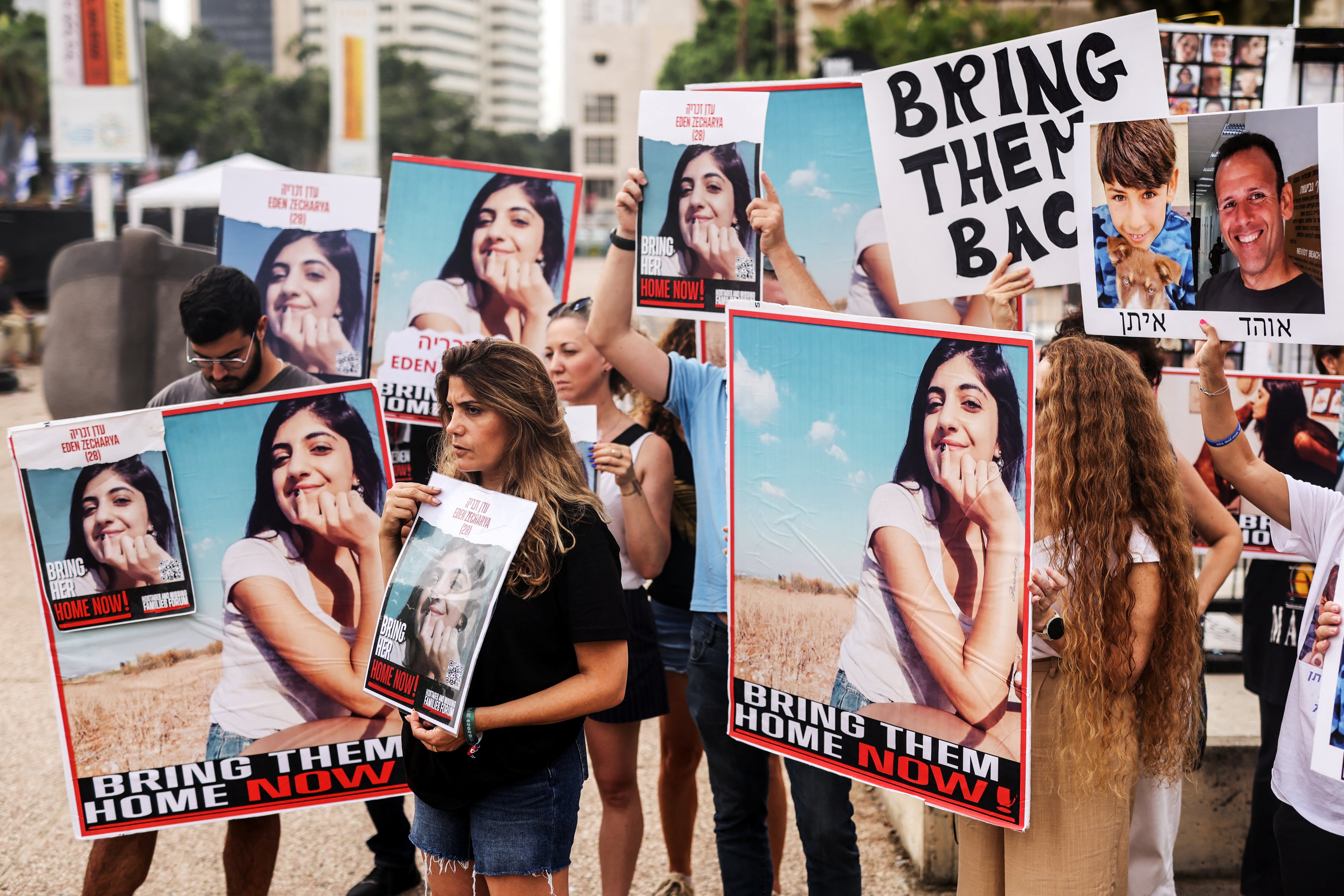 <p>Family and friends of the hostages protest in Tel Aviv</p>