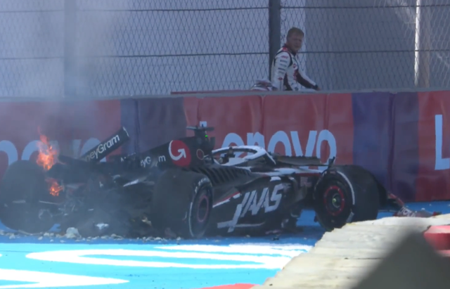 <p>Kevin Magnussen’s car catches fire after a high-speed crash at the Mexico City Grand Prix </p>