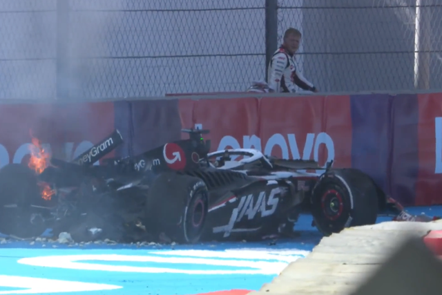 <p>Kevin Magnussen’s car catches fire after a high-speed crash at the Mexico City Grand Prix </p>