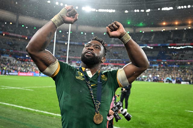 <p>Siya Kolisi celebrated a second Rugby World Cup win as Springboks captain </p>