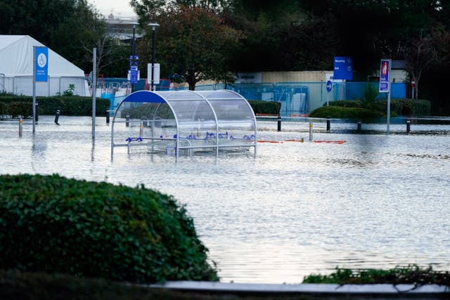 A view of the flooded car park at a Tesco store in Bognor Regis after heavy rain the area (Andrew Matthews/PA)