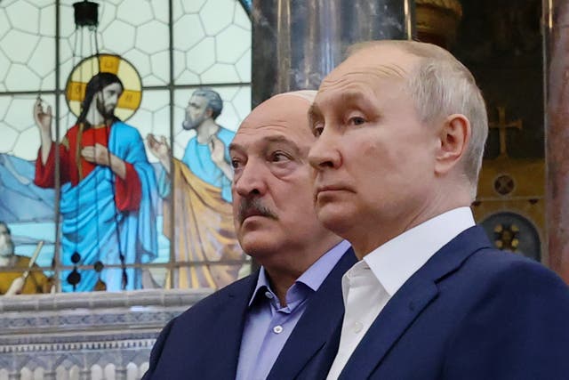 <p>Russia’s president Vladimir Putin (R) and Belarus’ president Alexander Lukashenko (L) visit The Naval Cathedral of Saint Nicholas in Kronstadt, on Kotlin Island, outside Saint Petersburg</p>