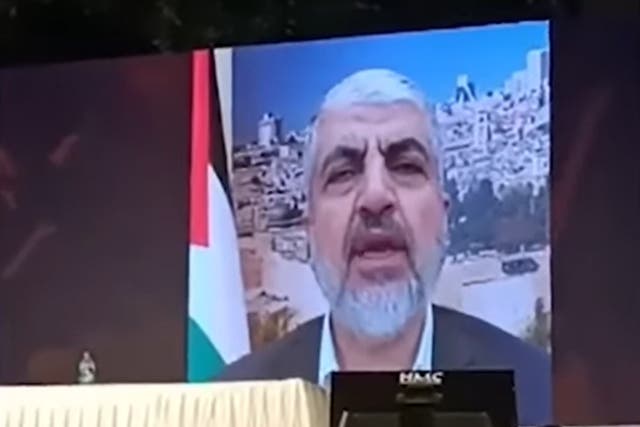 <p>Screengrab: Khaled Meshaal virtually addressed a pro-Palestine rally in Kerala, India on 27 October 2023</p>