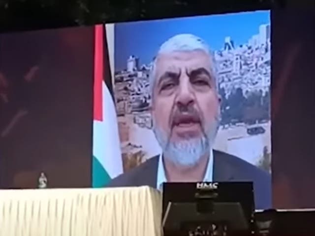 <p>Screengrab: Khaled Meshaal virtually addressed a pro-Palestine rally in Kerala, India on 27 October 2023</p>