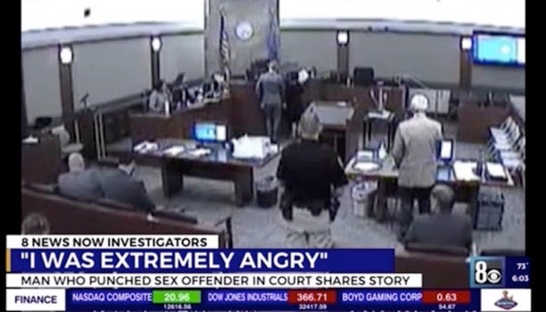 Moment victim punches sex offender in court