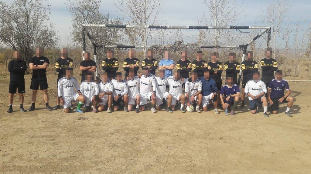 British and Afghan soldiers played football together at their joint army base