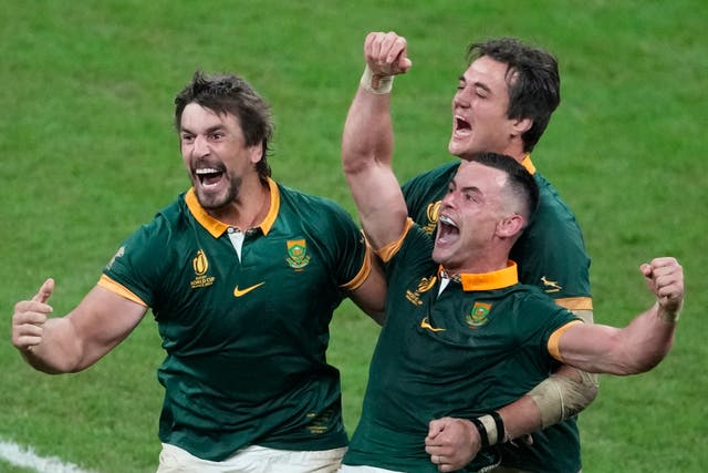 <p>South Africa players celebrate at the end of the Rugby World Cup final</p>