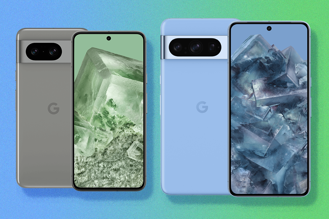 The Pixel 8 (left) gets an exclusive hazel colourway, while the Pixel 8 Pro is finished in bay blue