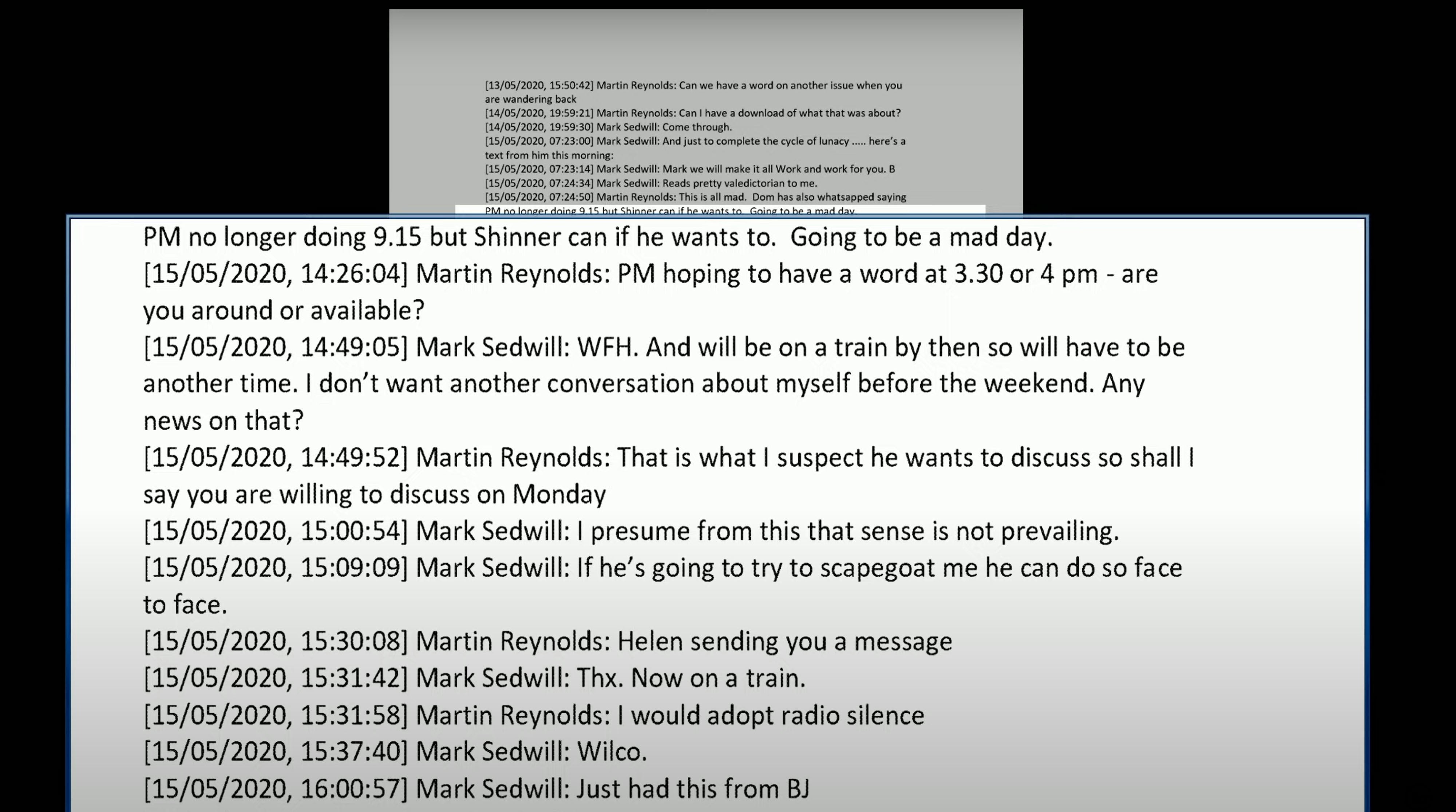 Screen grab from the UK Covid-19 Inquiry Live Stream showing messages between Martin Reynolds and Mark Sedwill