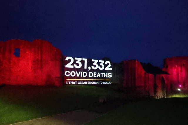 <p>A projection on the walls of Barnard Castle by campaign groups 38 Degrees and Covid Bereaved Families for Justice (Raouil Dixon/PA)</p>