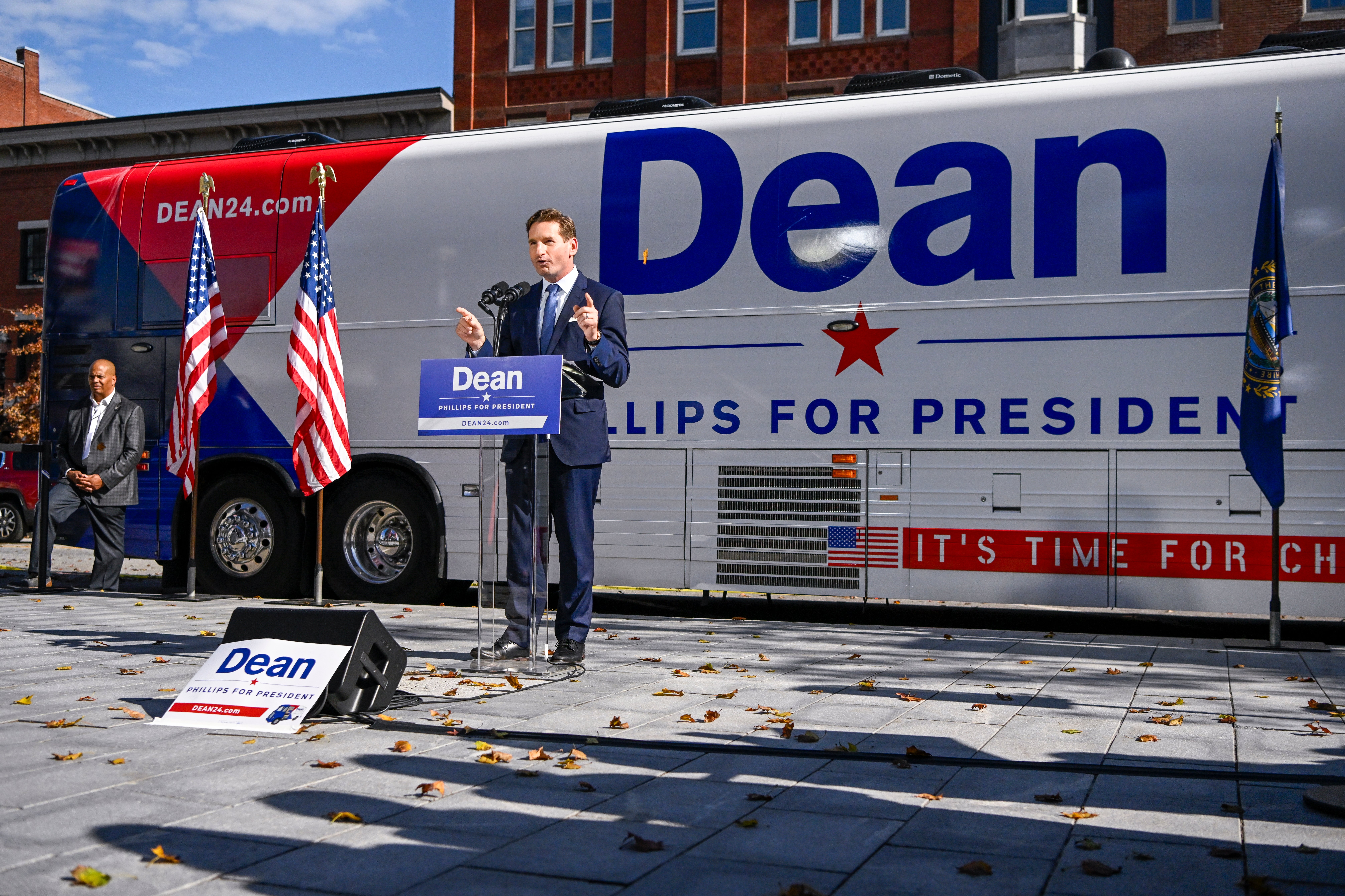 U.S. Rep. Dean Phillips (D-MN)(R) holds a rally outside of the N.H. Statehouse after handing over his declaration of candidacy form for President to the New Hampshire Secretary of State