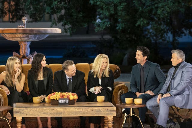 Jennifer Aniston, Courteney Cox, Lisa Kudrow, Matt LeBlanc, Matthew Perry and David Schwimmer during the Friends reunion special (Terence Patrick/HBO Max/PA)