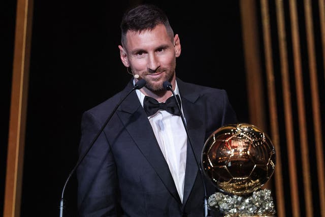 <p>Lionel Messi collects his eighth Ballon d’Or at a ceremony in Paris</p>