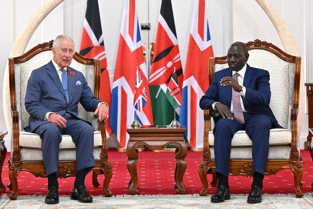 <p>King Charles III during a bilateral meeting with the president of Kenya, William Ruto, at the president's Office in the State House, Nairobi, on day one of his state visit to Kenya</p>