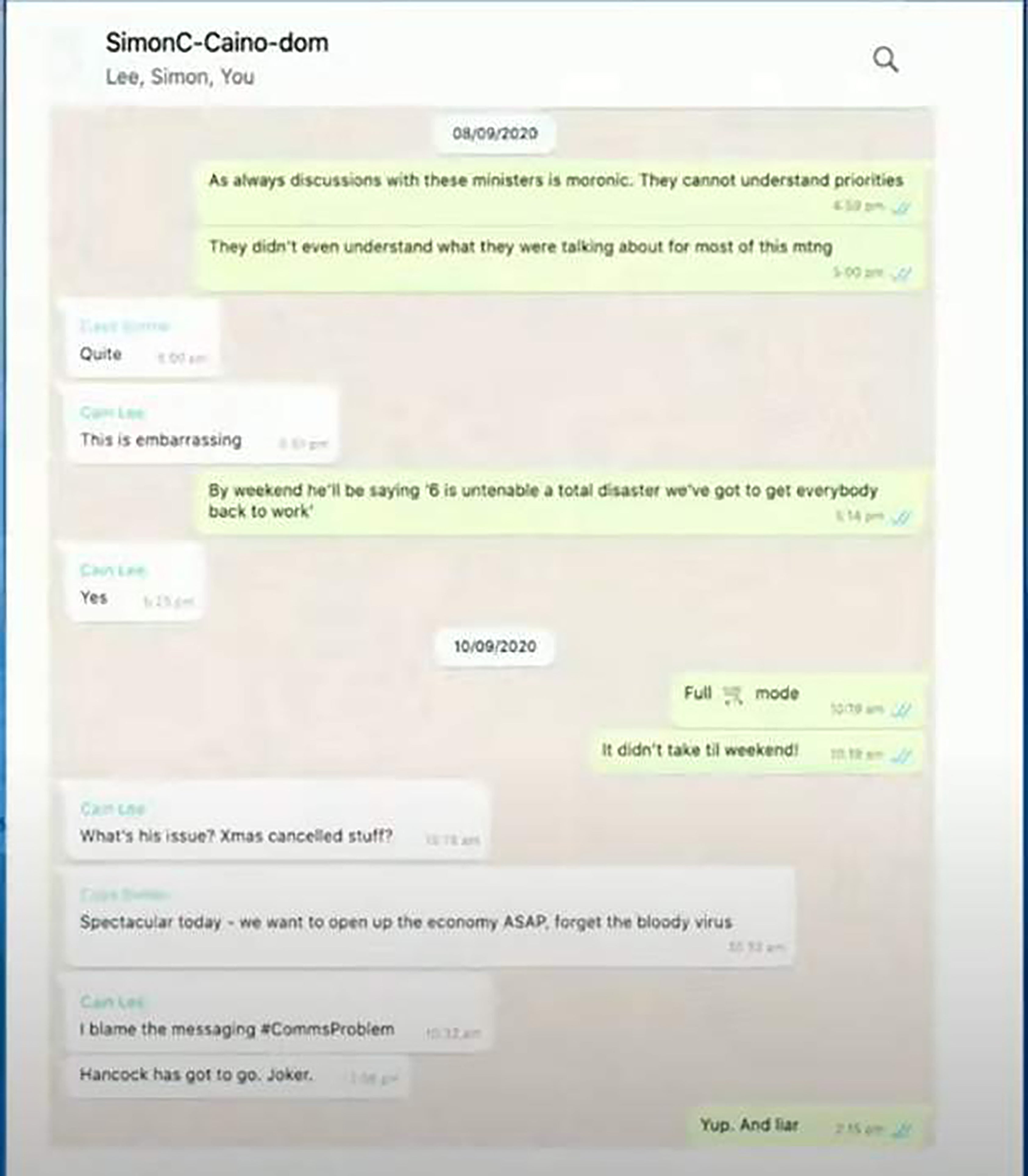 A WhatsApp exchange between Lee Cain, Dominic Cummings and cabinet secretary Simon Case. In the chat Mr Cummings describes Mr Johnson as going “full trolley mode”