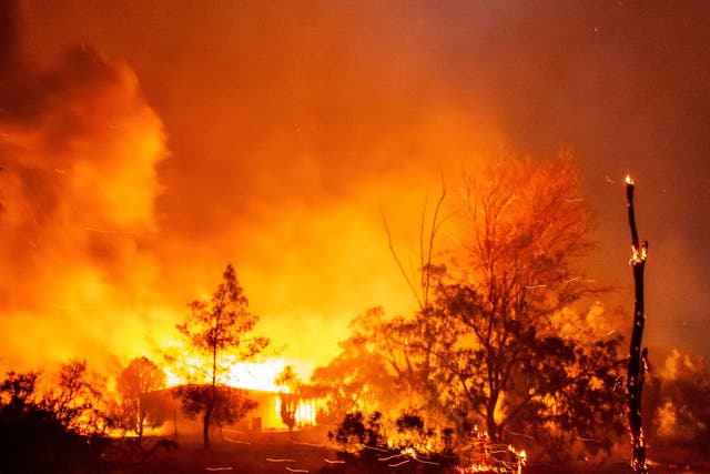 <p>A structure is engulfed in flames as the Highland Fire burns in Aguanga, California on Monday, October 30, 2023</p>