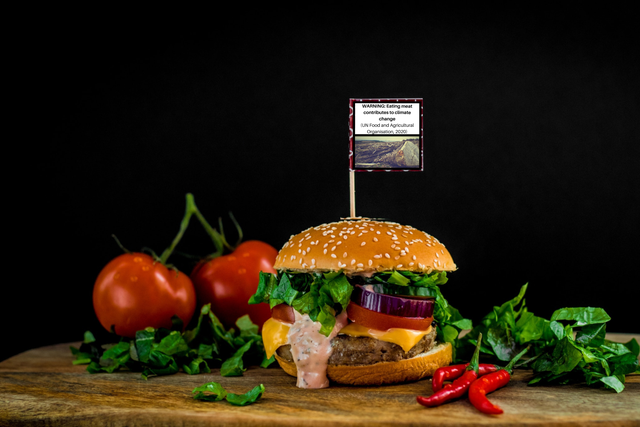 <p>A burger with a climate warning. People were less willing to choose meat after seeing the warning labels, scientists found</p>