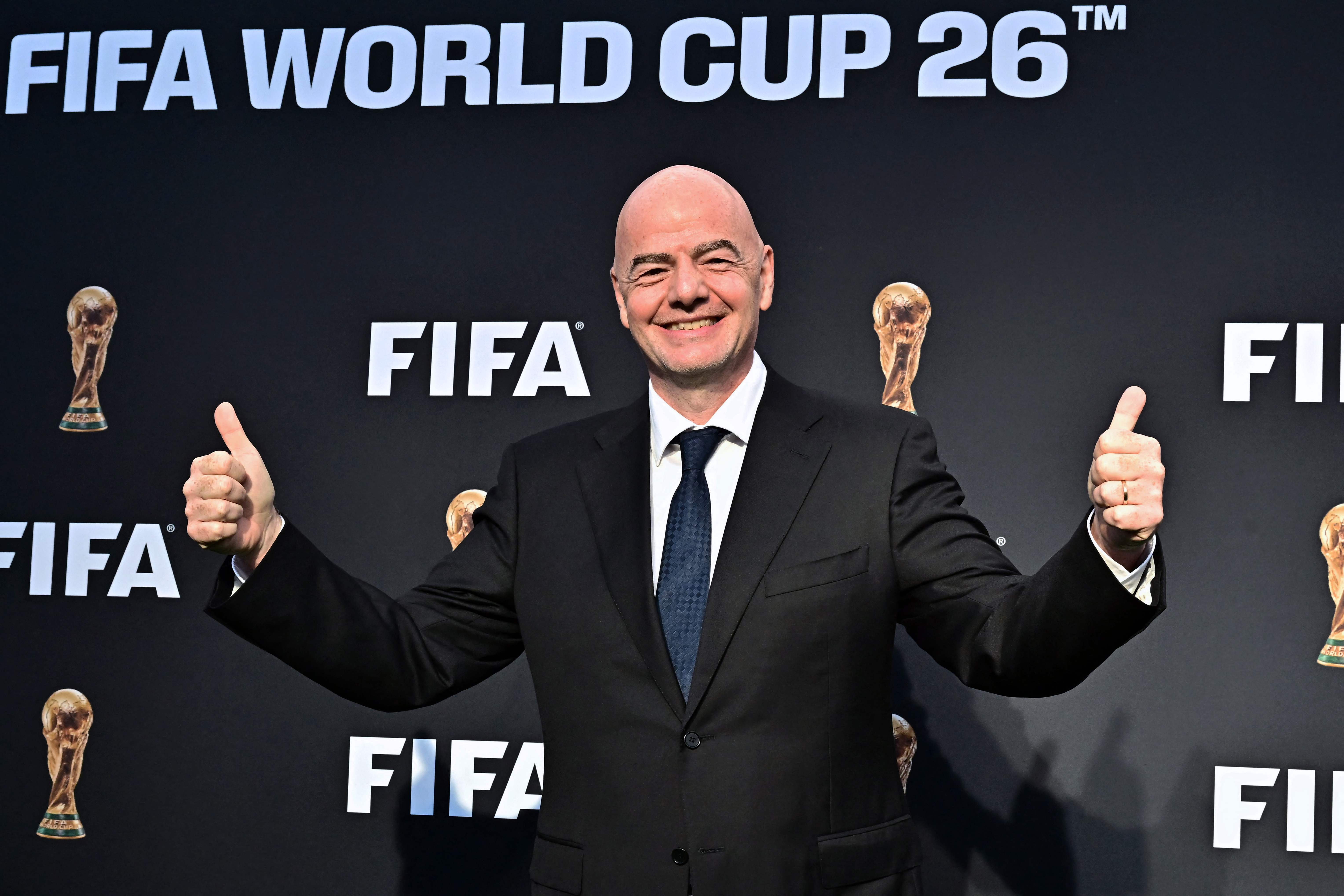 FIFA President Gianni Infantino arrives for the official FIFA World Cup 2026 brand #WeAre26 campaign launch in Los Angeles, California on May 17, 2023. With the launch of the #WeAre26 campaign, FIFA will unveil the official logo and brand identity of the 2026 World Cup and the 16 Host Cities, in Canada, Mexico, and the United States