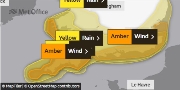 <p>Map showing amber warnings in place on Thursday</p>
