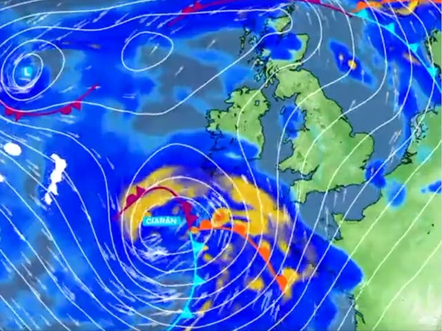 <p>Unwelcome visitor: Storm Ciaran’s approach, as predicted by the Met Office</p>